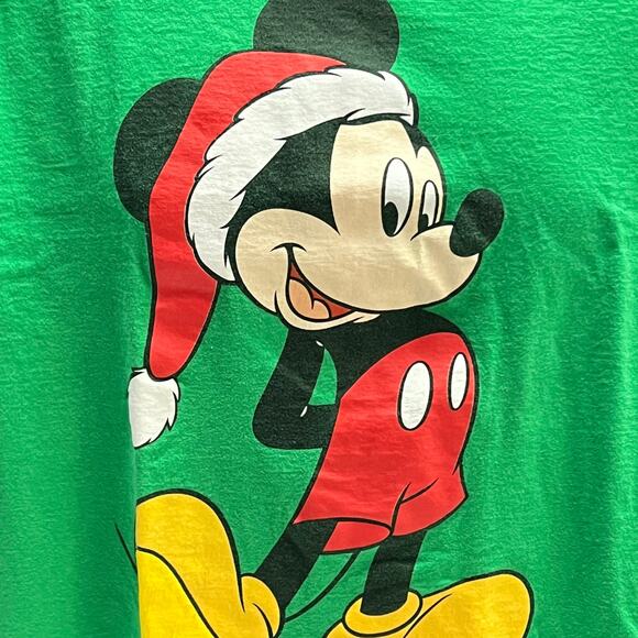Disney Mickey Mouse Christmas T-Shirt - Size Large - Green Holiday Santa Hat Tee - Picture 4 of 10
